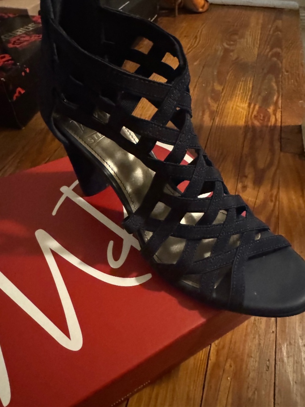 Navy blue stretchy comfortable heeled sandals